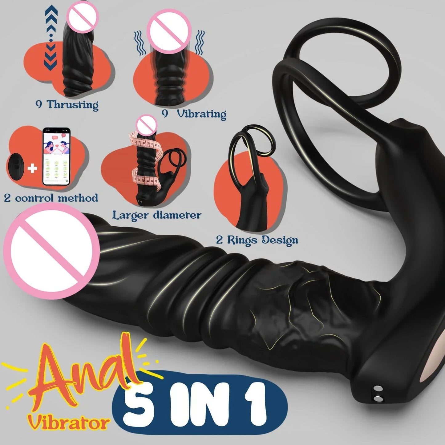 Phone-App Remote Controlled Mens Dildo with Dual Silicone Vibrating Cock Ring