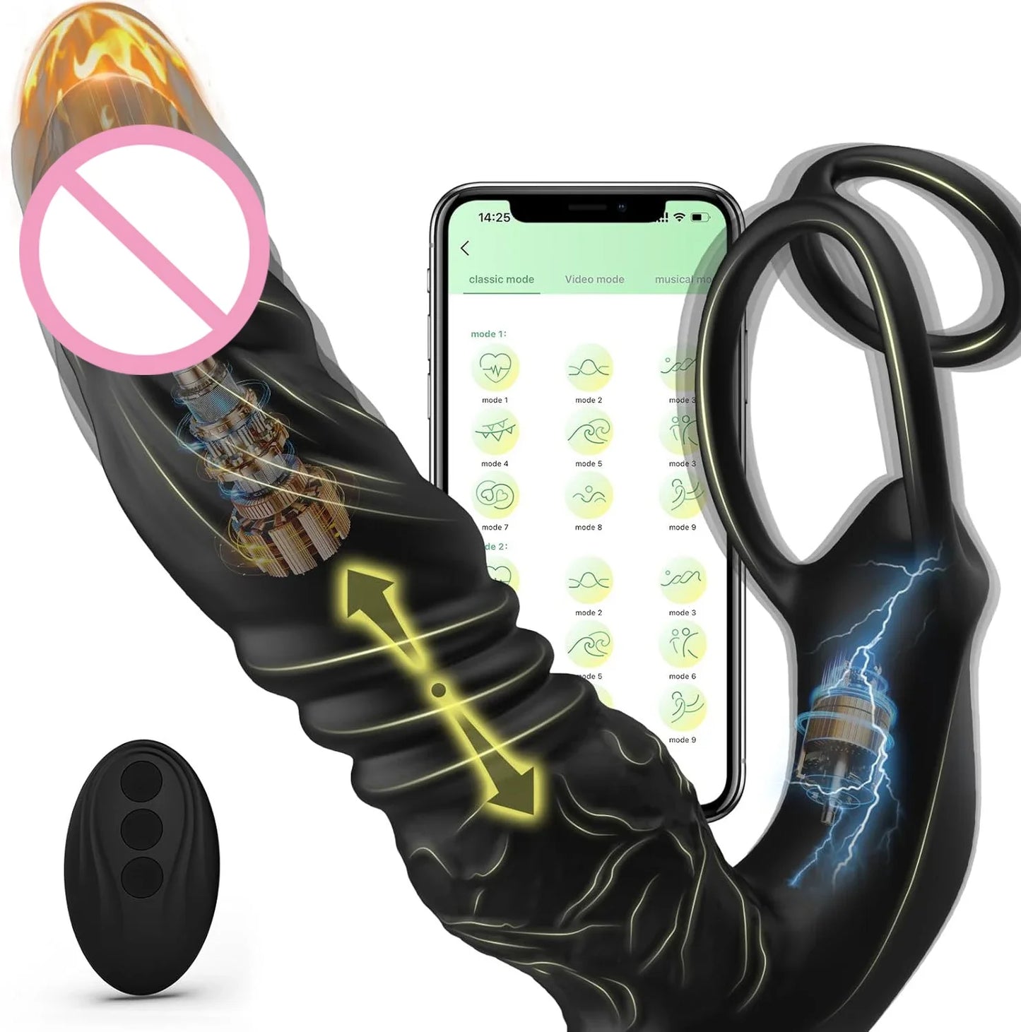 Phone-App Remote Controlled Mens Dildo with Dual Silicone Vibrating Cock Ring